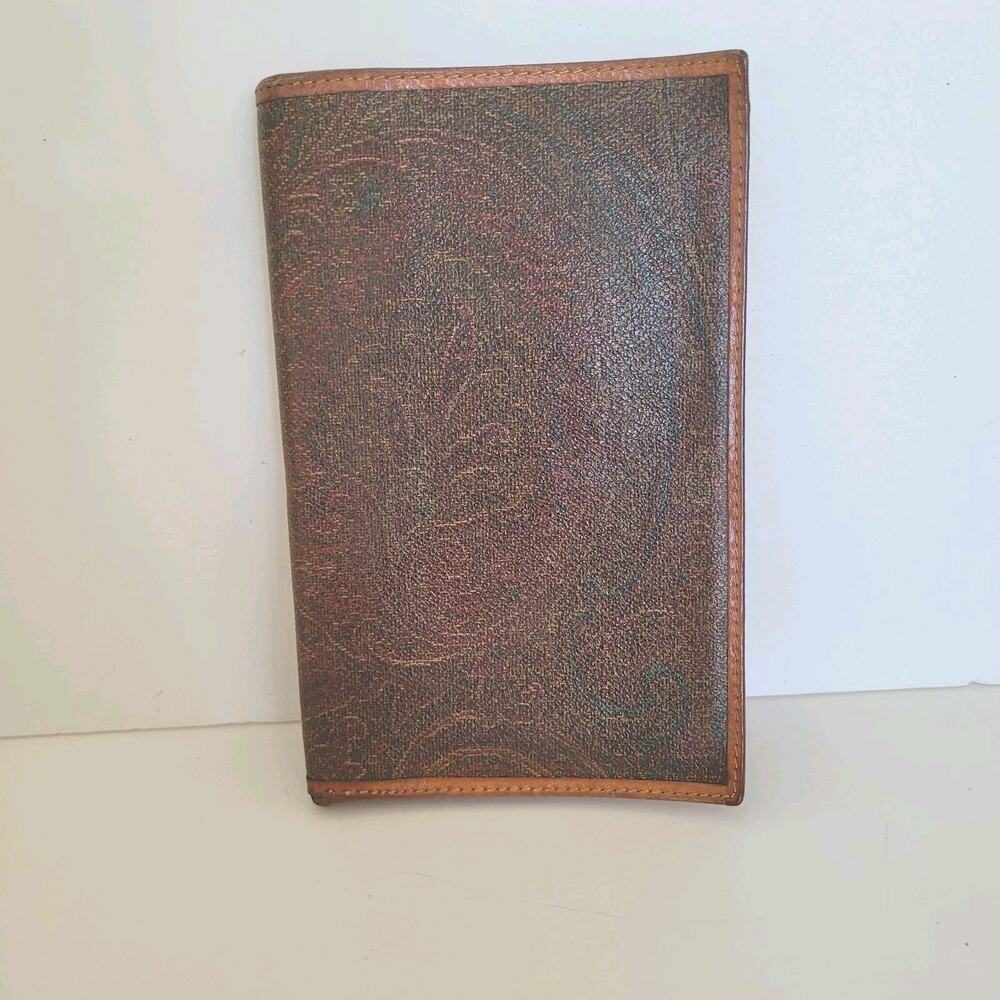 Etro Vintage Brown Paisley Large Leather Wallet Organizer Logo Italian Bifold